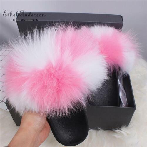Popular Real Fox Fur Slippers Womens Vogue Raccoon Fur Casual Slides Shoes