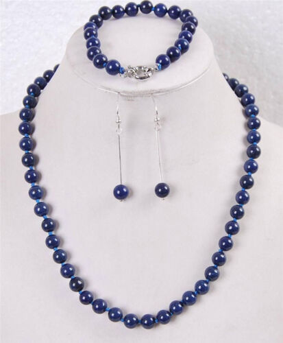 Fashion 8 mm bleu lapis lazuli perles rondes Collier Bracelet Boucles d/'oreilles Set 18/"