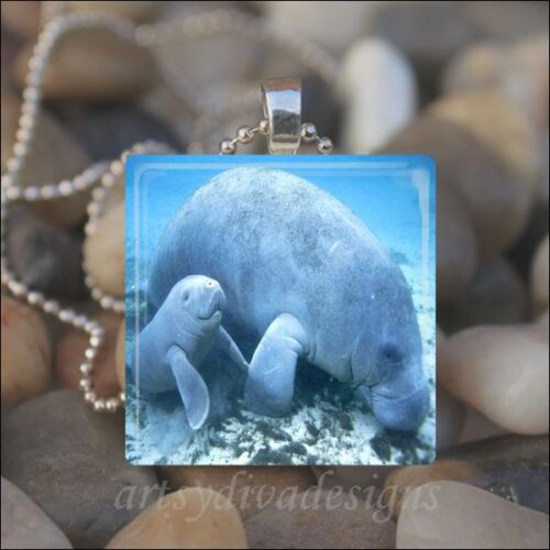 MOTHER BABY MANATEE LOVE DOLPHIN MOTHERS DAY GLASS TILE PENDANT NECKLACE KEYRING