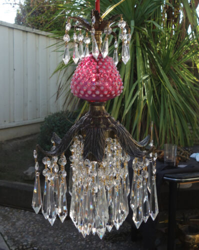 Old Vintage swag plug Lily Icicle Crystal Lamp Chandelier Fenton Cranberry Glass