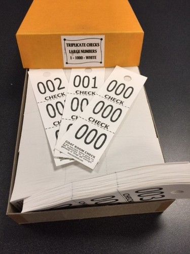 sequentially numbered 5.5/" x 1.63/" White 3-Part Coat Check Tags