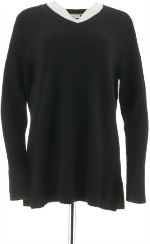 Isaac Mizrahi 2-Ply Long-Slv Cashmere V-neck Tunic Sweater Black L NEW A296236 