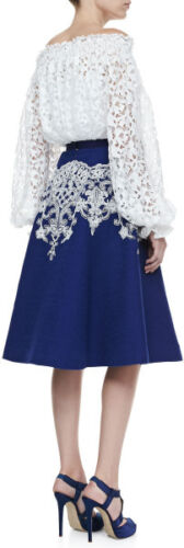 $2690 New RUNWAY Oscar de la Renta Lapis White Blue Embroidered Full Skirt  6 