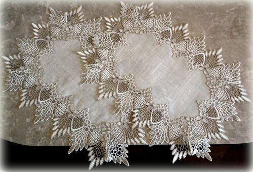 SET of TWO Doilies Placemats or Dresser Scarf EARTH FEATHER LACE Neutral Tone