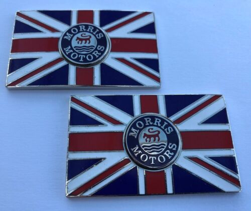 Self Adhesive Pair of MORRIS Union Jack GB Brass Enamel Classic Car Badges