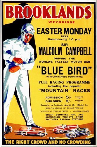 1933 Brooklands Motor Racing Malcolm Campbell Bluebird Poster A3 A2  Reprint