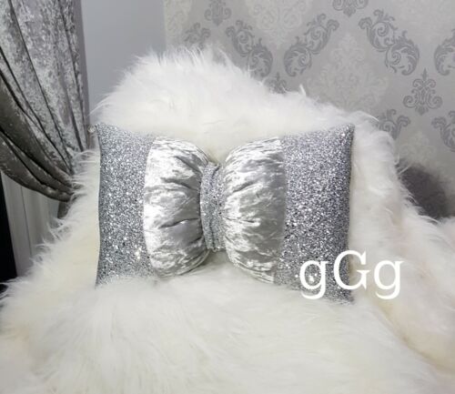 Crushed velvet Silver Bow Cushion Glitz. 16 x 10 inches Glitter