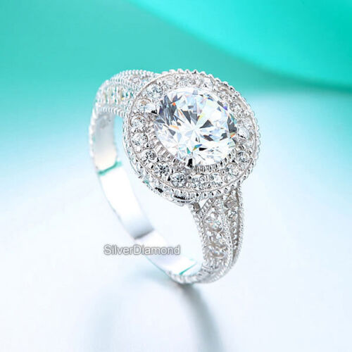 925 Sterling Silver Vintage Style Wedding Engagement Ring Simulated Diamond 