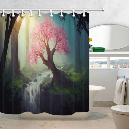 Cartoon Cherry Blossom Tree and Stream Bathroom Waterproof Shower Curtain 71'' 
