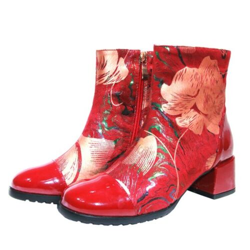 Details about   Womens Fashion Leather Floral Printed Faux Suede Mid Heel Ankle Boots Shoes IEOG 