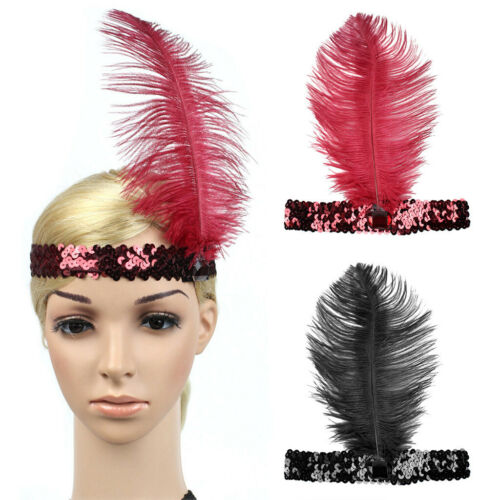 Crystal Sequins 1920s Gatsby Flapper Headpiece Wedding Headband-Wine Feather