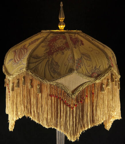 VICTORIAN LAMP SHADE HEAVY EMBROIDERED FABRIC W/ GOLD SILK RUST BEADING & FRINGE 