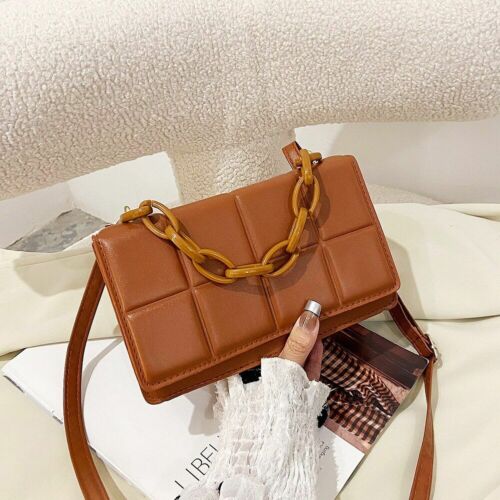 Crossbody Bag Square Flap Leather Women Checked Handbag Small Chain Tote Casual