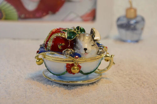 Mouse Vintage Jewelry Trinket Box with Hinged Lid Enamel Bejeweled Crystal Decor 