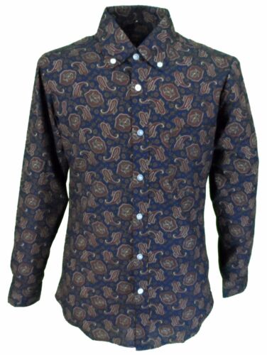 Navy//Red Paisley Cotton Long Sleeved Retro Mod Button Down Shirts …