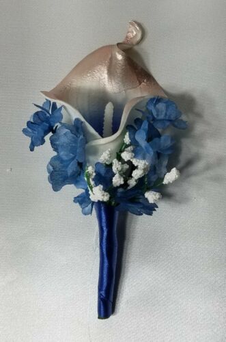 Rose Gold Navy Blue Calla Lily Bridal Wedding Bouquet /& Boutonniere