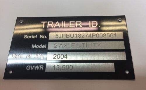 Engraved Trailer Truck Equipment Plate Serial Model # ID Tag White/Black Chrome 