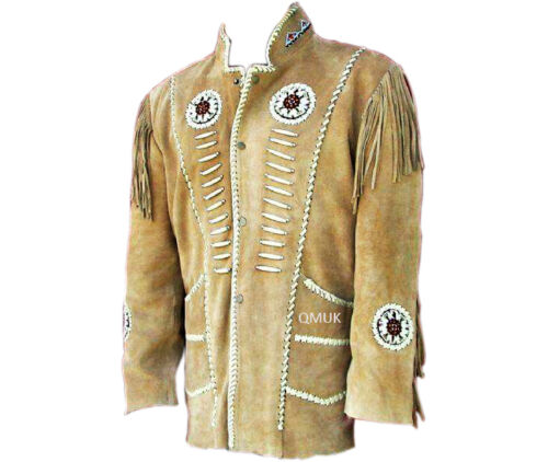 Men Western Brown Suede Leather Jacket Boned & Beaded Native America Fringed 