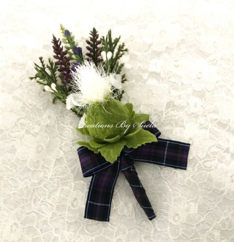 Scottish Wedding Buttonhole~Artificial Heather & Thistle~Tartan Ribbon