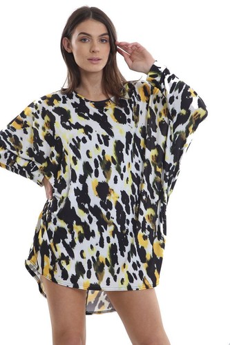 Ladies Leopard Print Batwing Top Womens Oversized Long Sleeve Hi Lo Dip Hem Top
