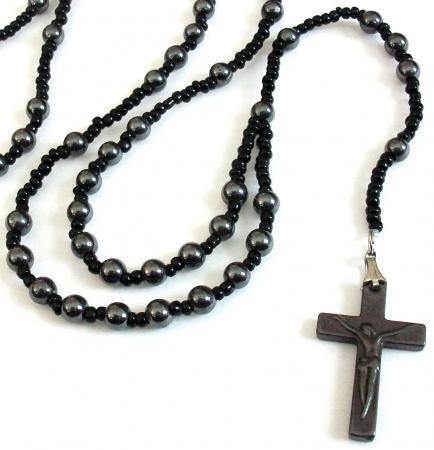 Details about   Black Hematite Beads Rosary Carved Cross Crucifix 26" long Necklace 