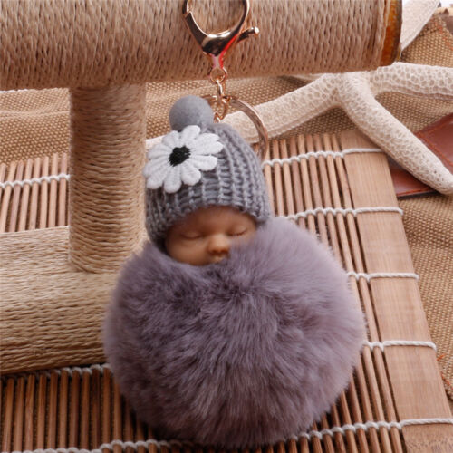 US Cute Sleeping Baby Key chains Doll Rabbit Fur Fluffy PomPom Bag Decor Keyring