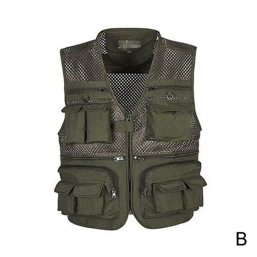 Men Multi-Pocket Fishing Mesh Vest Photography Quick-Dry Supply Vest Zip Ja F7N4