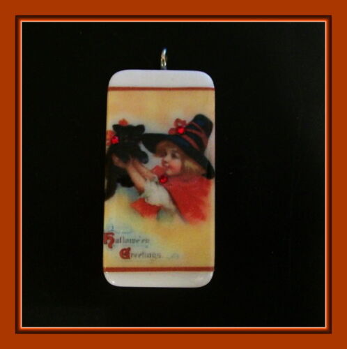 HALLOWEEN PENDANT WITH MATCHING BOX LITTLE WITCH AND CAT 