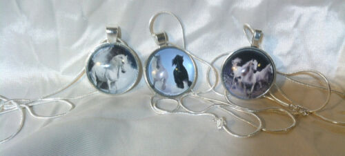 3 RUNNING HORSES GLASS DOME HORSE PENDANTS SS Snake Chain marked Italy BLUE TINT