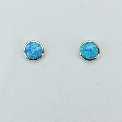 Inlay Blue FIRE OPAL Stud  Post Round  Circle 4mm Earrings in 925 Sterling Silver