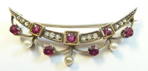 Details about  / 0.75cts ROSE CUT DIAMOND RUBY PEARL ANTIQUE VICTORIAN LOOK 925 SILVER BROOCH PIN