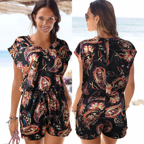Womens V Neck Short Sleeve Summer Beach Jumpsuits Casual Loose Shorts Playsuits 