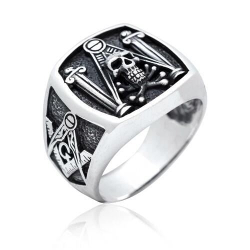 925 Sterling Silver Freemason Freimaurer Masonic Skull & Pillars Square Ring 