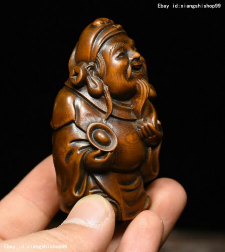 Chinese Boxwood Wood Carving Wealth Mammon God Hold RuYi YuanBao Statue Figurine