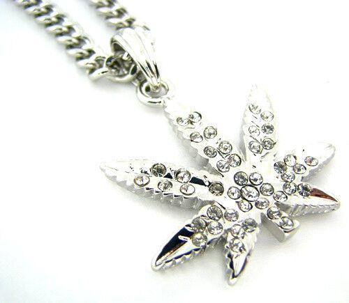 420 Weed Pendant Charm Silver Tone Pot Leaf Marijuana Iced-Out Necklace Chain 