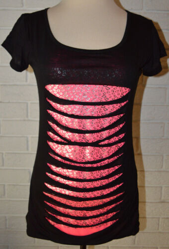 Women's Rue 21 Black & Pink Animal Print Shred Short Sleeve Top Sizes S L 