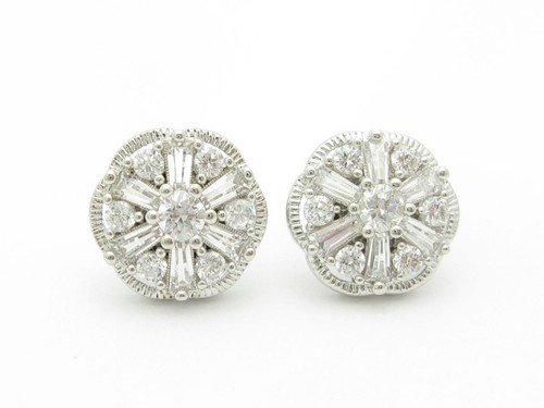 Platinum Sterling Silver White Sapphire Baguette Halo Design Stud Earrings Gift