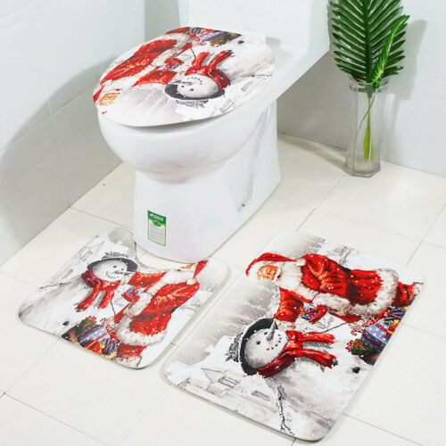 Santa Claus Snowman Christmas Gift Shower Curtain Bathroom Rug Toilet Mat 