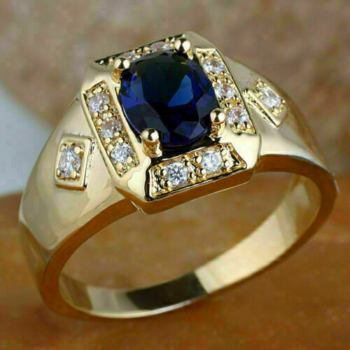 Men/'s 14K Yellow Gold Over Oval Blue Sapphire Diamond Engagement Pinky Band Ring