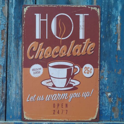 Vintage Metal Tin Sign Cafe Art Wall Plaque Poster HOT Chocolate OPEN sign