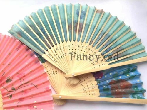 Wholesale 60 Pcs Chinese Silk Folding Bamboo Hand Fan Fans Art Handmade Flower 