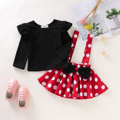 UK Baby Kids Girls Toddler Long Sleeve Ruffle T-shirt Dot Braces Skirt Outfits