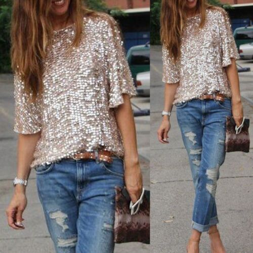 Women Casual Sequined Bling Loose Blouse T-Shirt Off Shoulder Half Sleeve Tops 