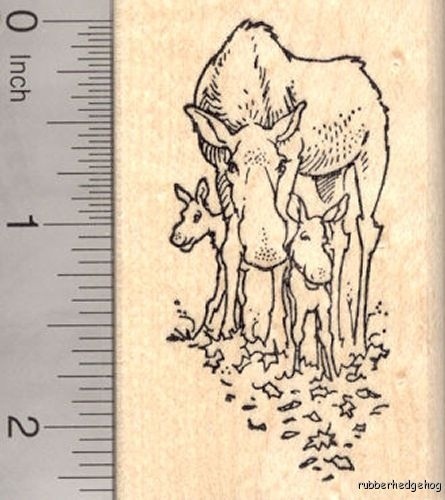 Wildlife Mother Moose and Calves Baby Moose Rubber Stamp H20002 WM Alaska