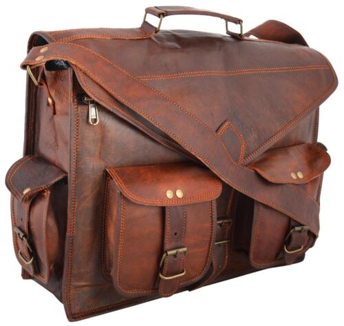 18/" Men/'s Goat Leather Messenger Bag Two Front Pockets Office College Laptop-bag
