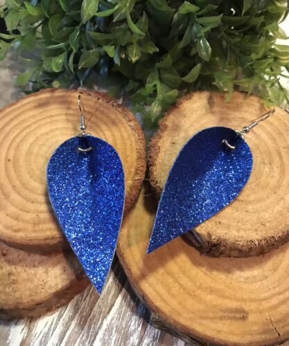 Faux Leather Royal Blue Glitter Earrings Petal Leaf Shape 2.5” Double Sided