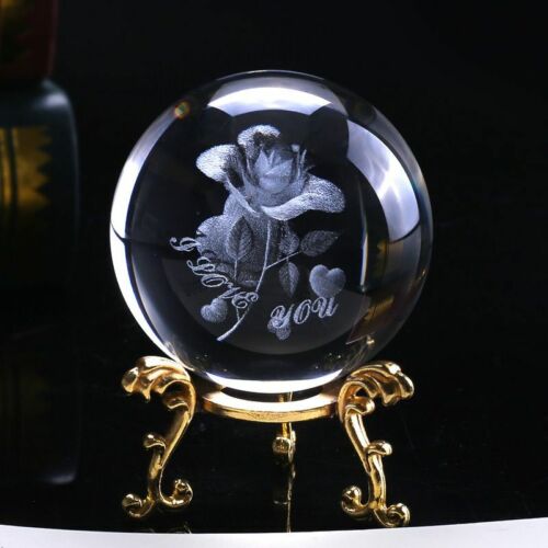 Laser Engraved Crystal Rose Ball 3D Mini Flower Sphere Glass Globe Home Decor
