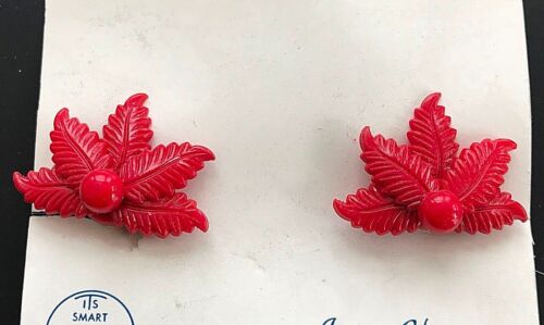 Ruby Red "Ann Claire" Flower Clip on Earrings Vintage Earrings 