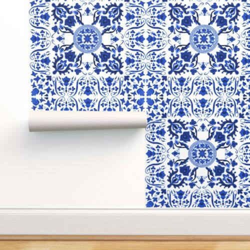 Peel-and-Stick Removable Wallpaper Tile Scandinavian Rosemaling Folk Blue And 