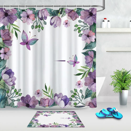 Purple Blooming Flowers and Butterfly Shower Curtain Set Bath Waterproof Fabric 